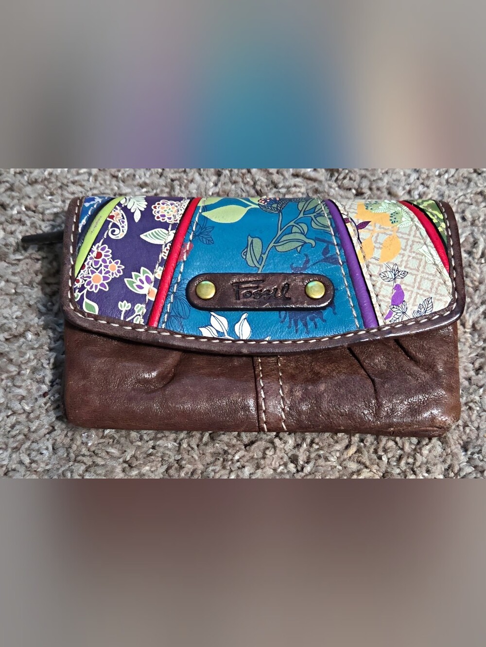 Fossil Patchwork Leather Wallet Boho Floral Multicolor w/ Removable ID Case